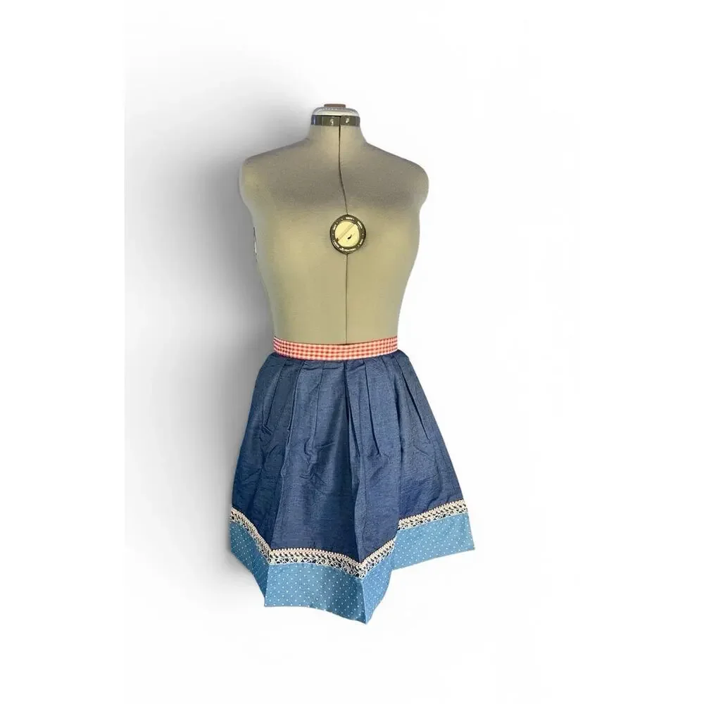 Vintage Handmade 4th of July Apron, Pleated, Red White and Blue Denim Farmcore